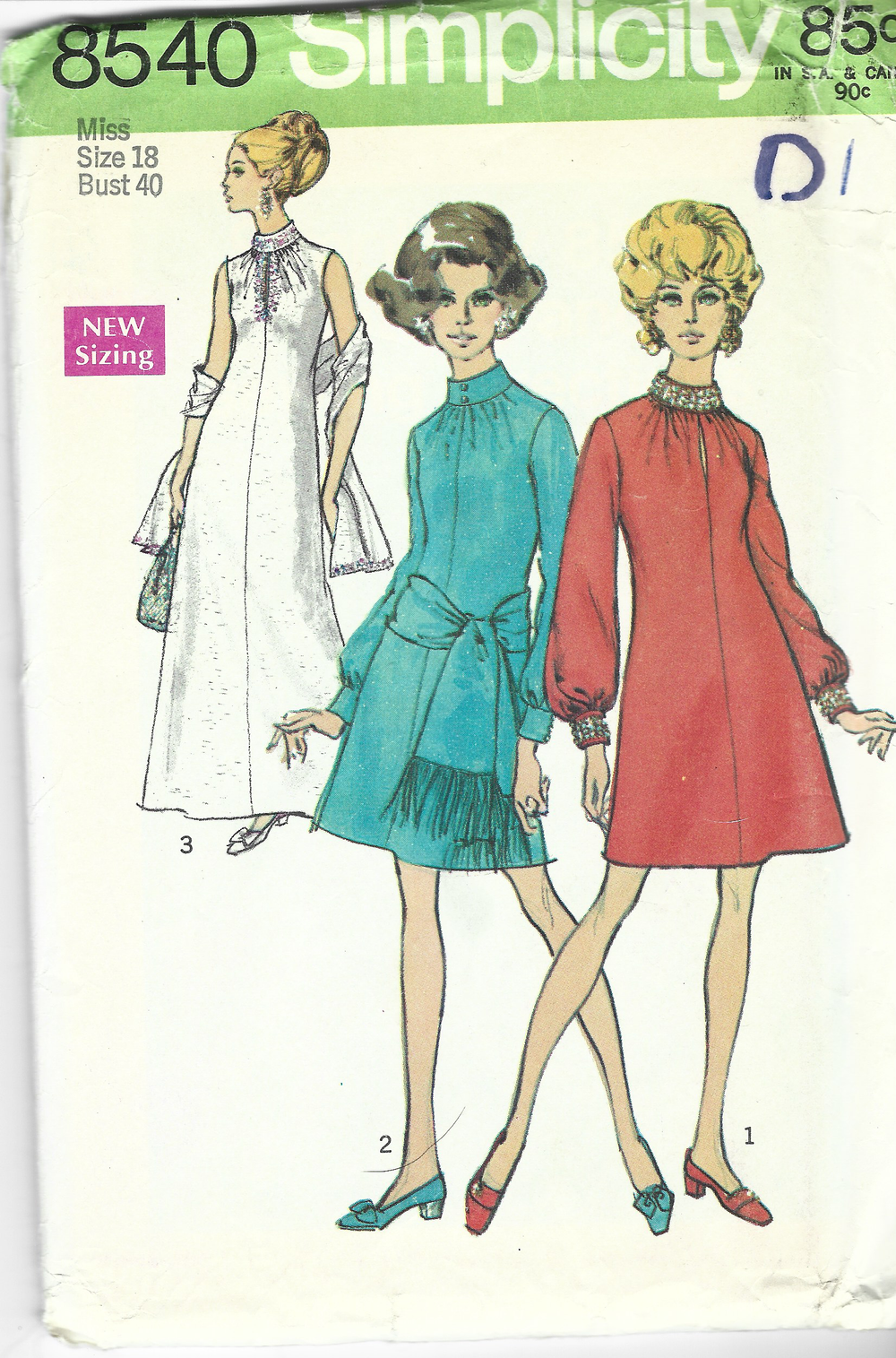 Simplicity 8540 Dress Gown with  Sash Vintage Sewing Pattern 1960s