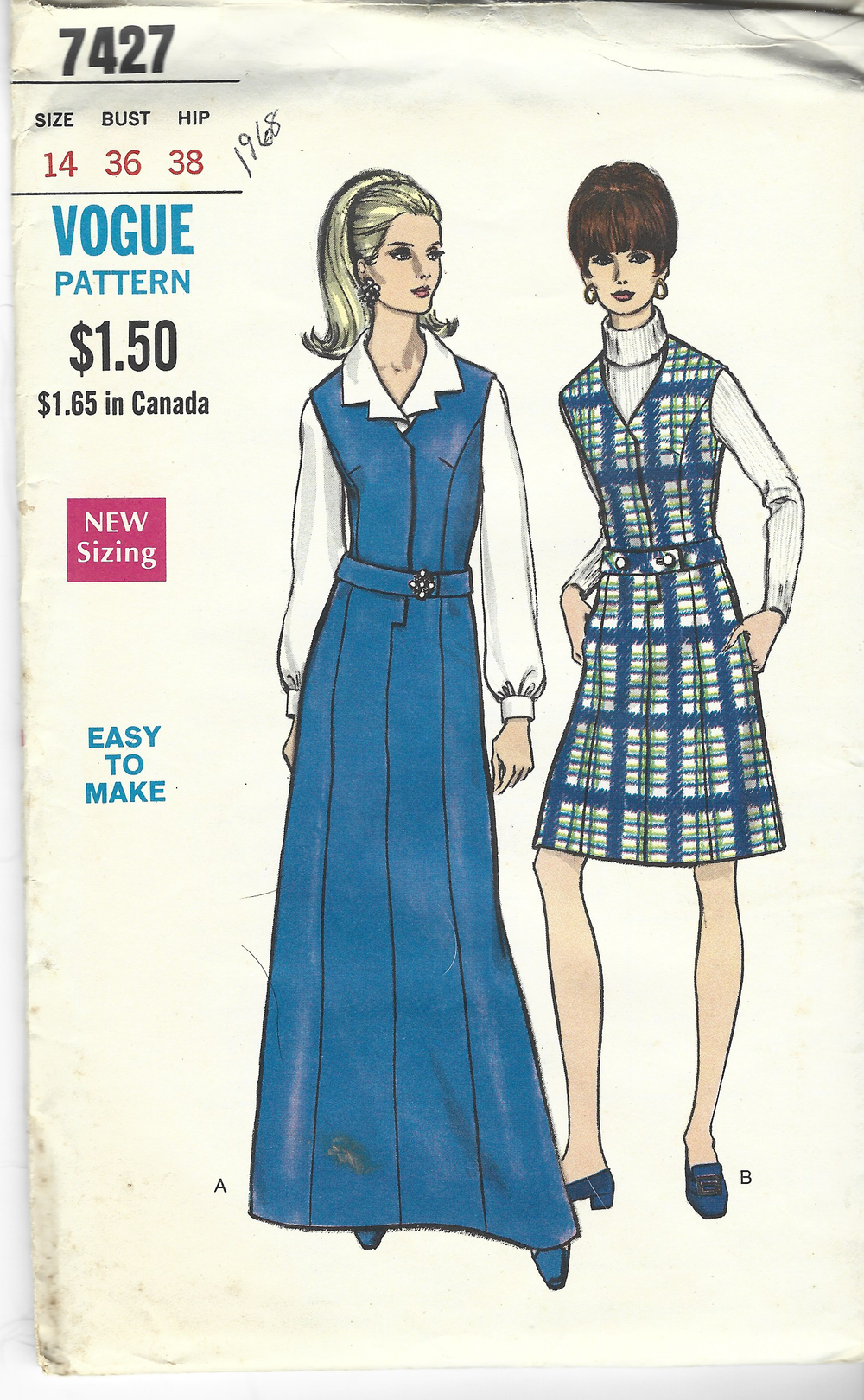 Vogue 7427 Jumper Dress Gown Long Step In Vintage Sewing Pattern 1960s