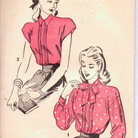 1950's Stylish Blouse with Tie Collar Advance 4640 Vintage Sewing Pattern Unprinted Cap Sleeves - VintageStitching - Vintage Sewing Patterns