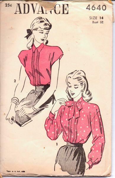 1950's Stylish Blouse with Tie Collar Advance 4640 Vintage Sewing Pattern Unprinted Cap Sleeves - VintageStitching - Vintage Sewing Patterns