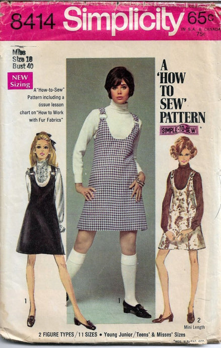 Simplicity 8414 Ladies Mini Jumper Dress Vintage Sewing Pattern 1960s - VintageStitching - Vintage Sewing Patterns