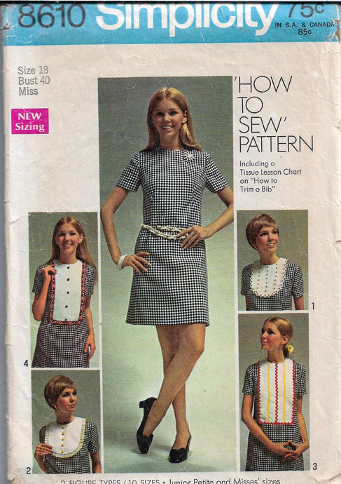 Simplicity 8610 Ladies Dress Detachable Bib Designs Vintage Sewing Pattern 1960s - VintageStitching - Vintage Sewing Patterns