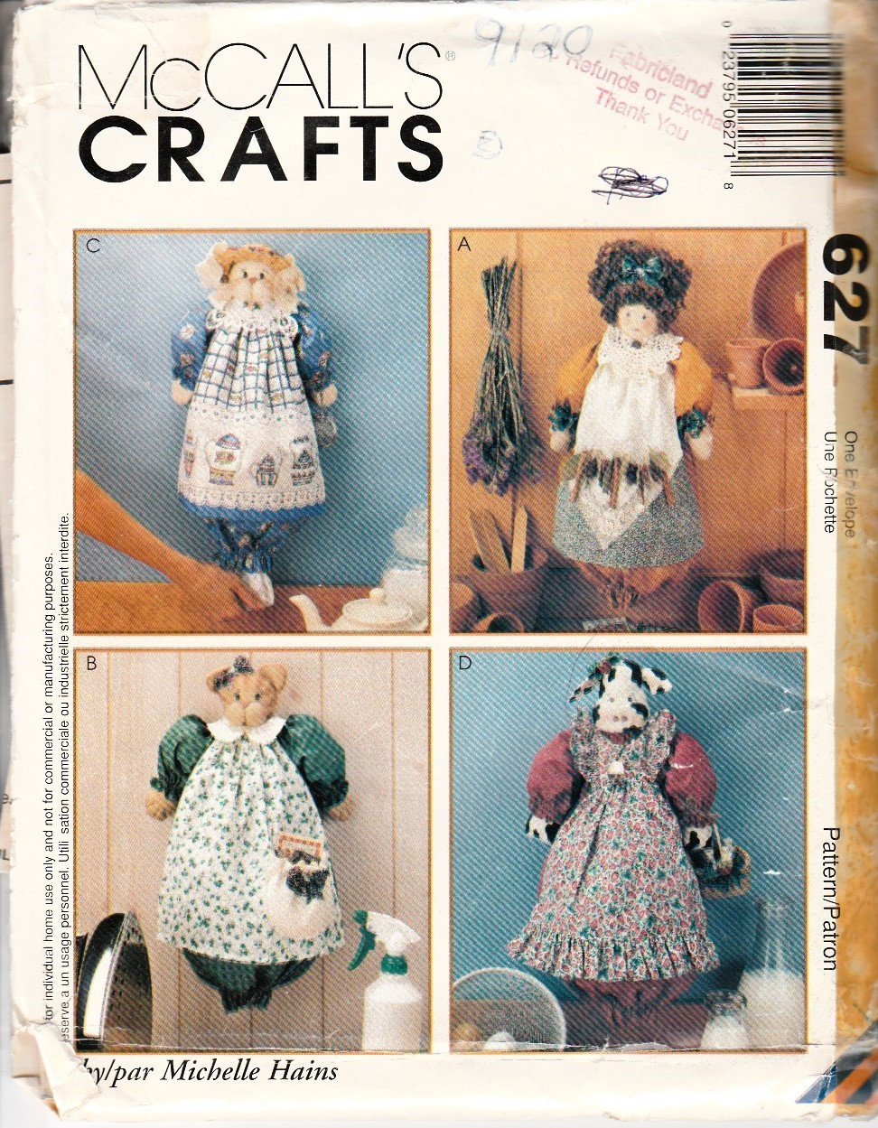 McCall's Crafts 627 / 9120 Grocery Bag Holder Doll Cat Bunny Rabbit Cow Sewing Pattern - VintageStitching - Vintage Sewing Patterns