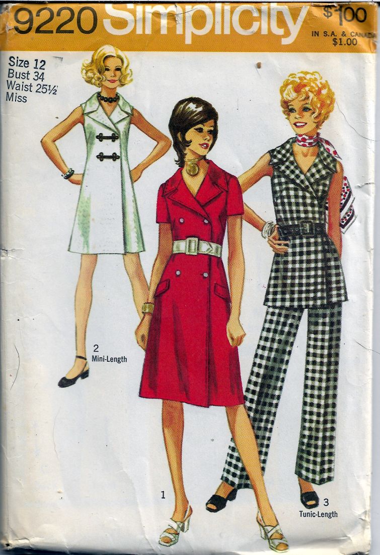 Simplicity 9220 Ladies Mini Coat Dress Pants Tunic Vintage Sewing Pattern1970s - VintageStitching - Vintage Sewing Patterns