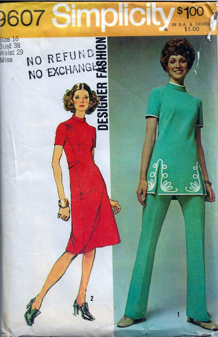 Simplicity 9607 Designer Fashion Vintage Pattern 1970s Dress Tunic Pants - VintageStitching - Vintage Sewing Patterns