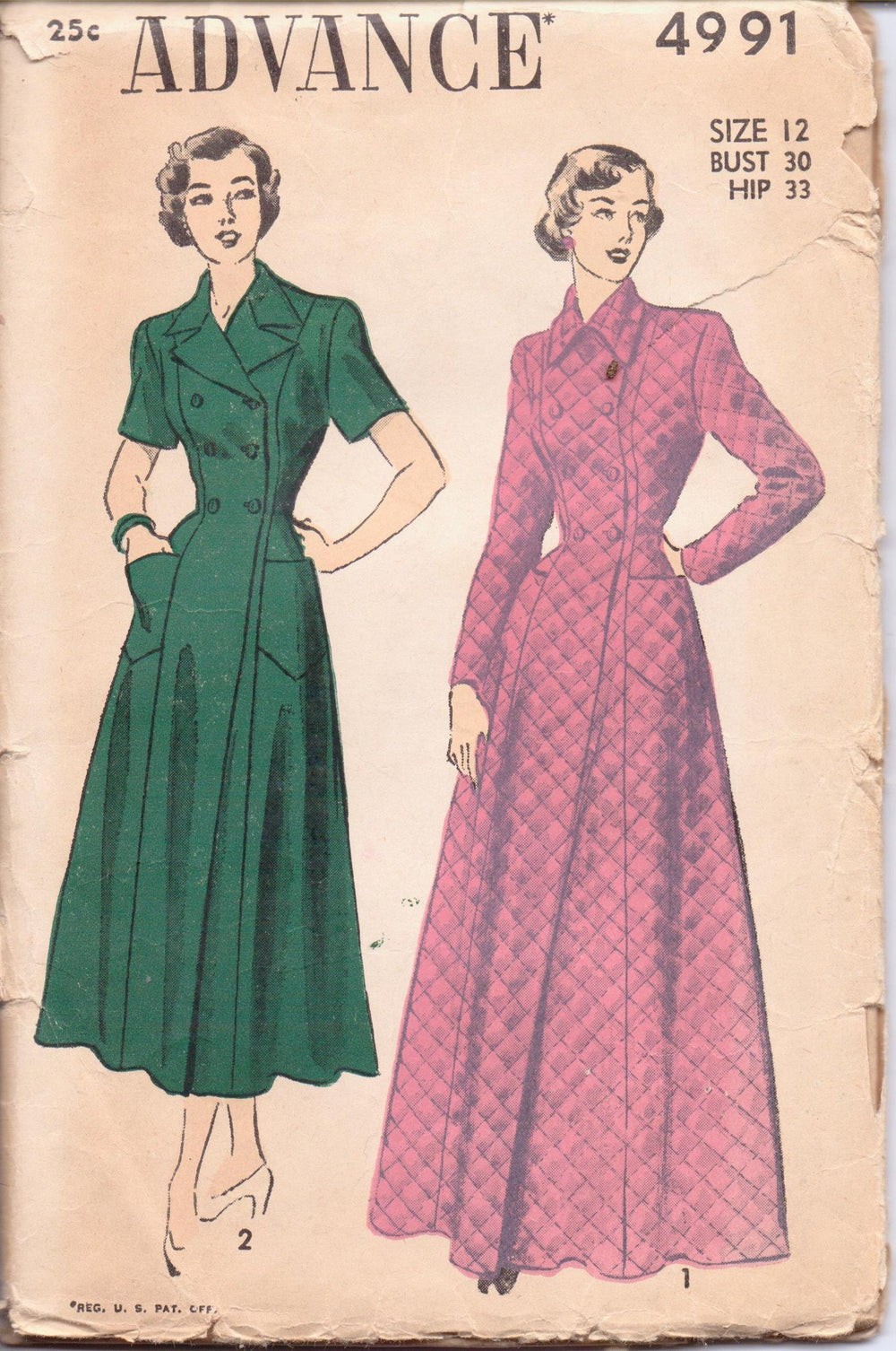 Advance 4991 Ladies Long Housecoat Double Breasted Robe Vintage 1940's Sewing Pattern - VintageStitching - Vintage Sewing Patterns