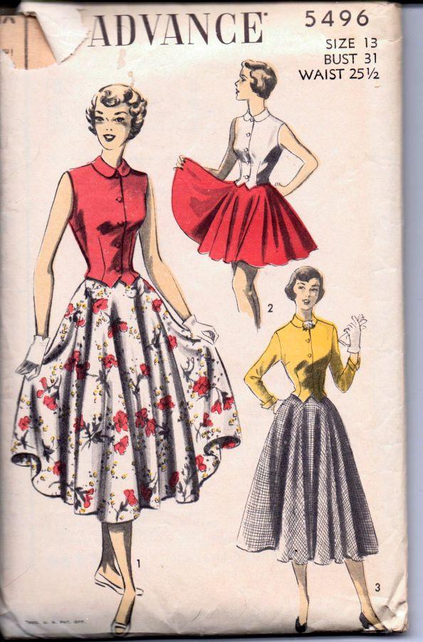 Advance 5496 Vintage 1940's Sewing Pattern Ladies Swing Street Length Skirt Sleeveless Blouse - VintageStitching - Vintage Sewing Patterns