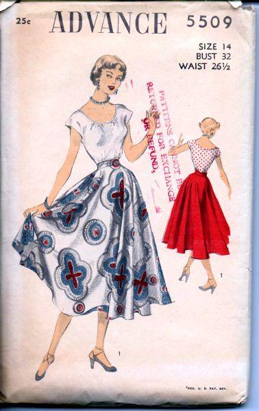 Advance 5509 Vintage 1940's Sewing Pattern Ladies Scoop Blouse Circle Swing Skirt - VintageStitching - Vintage Sewing Patterns