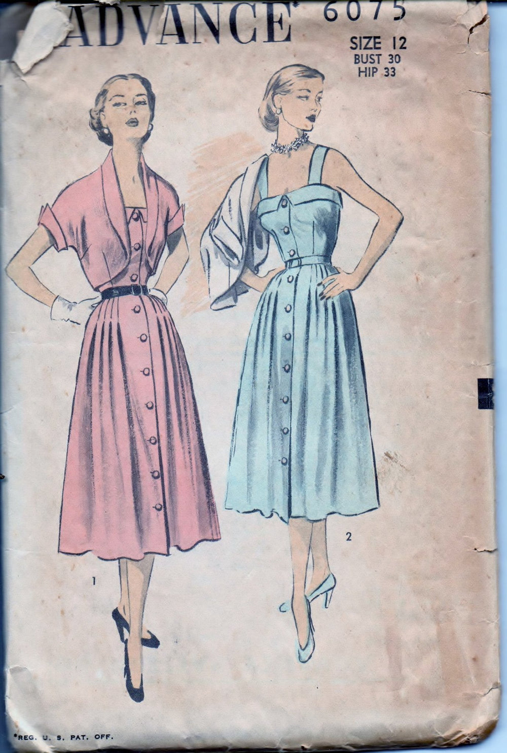 Advance 6075 Ladies Front Buttoned Sun Dress Bolero Jacket Vintage 1950's Sewing Pattern - VintageStitching - Vintage Sewing Patterns