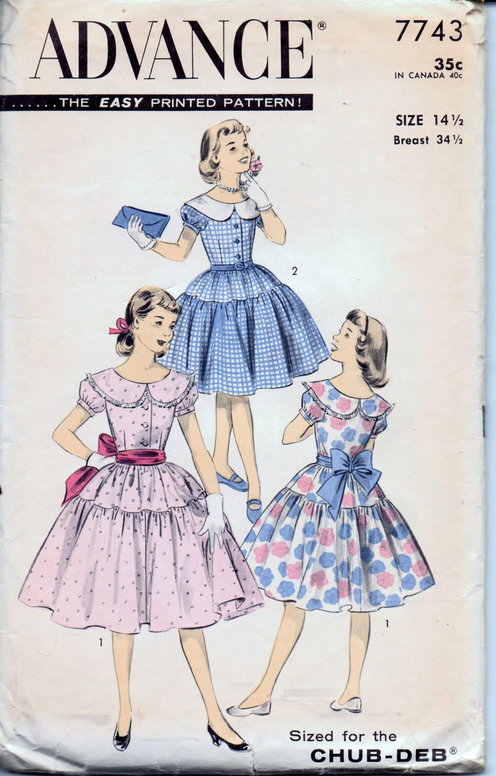 Advance 7743 Young Girls Dress Puff Sleeves Round Collar Vintage 50's Sewing Pattern Chub Deb - VintageStitching - Vintage Sewing Patterns