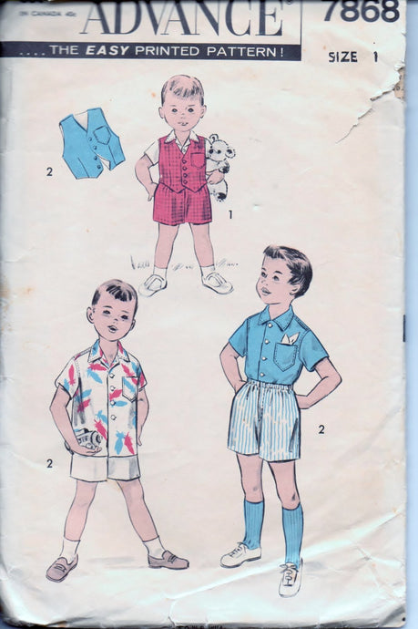 Advance 7868 Toddler Boys Boxer Shorts Vest Shirt Vintage 1950's Sewing Pattern - VintageStitching - Vintage Sewing Patterns