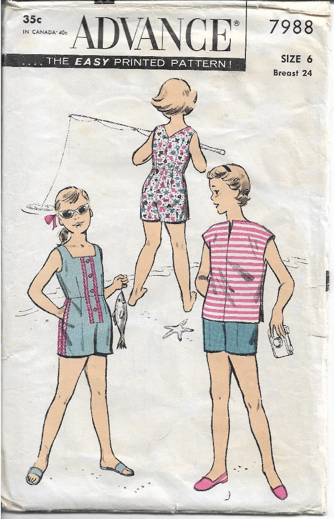 Advance 7988 Girls One Piece Playsuit Shorts Blouse Vintage 1960's Sew