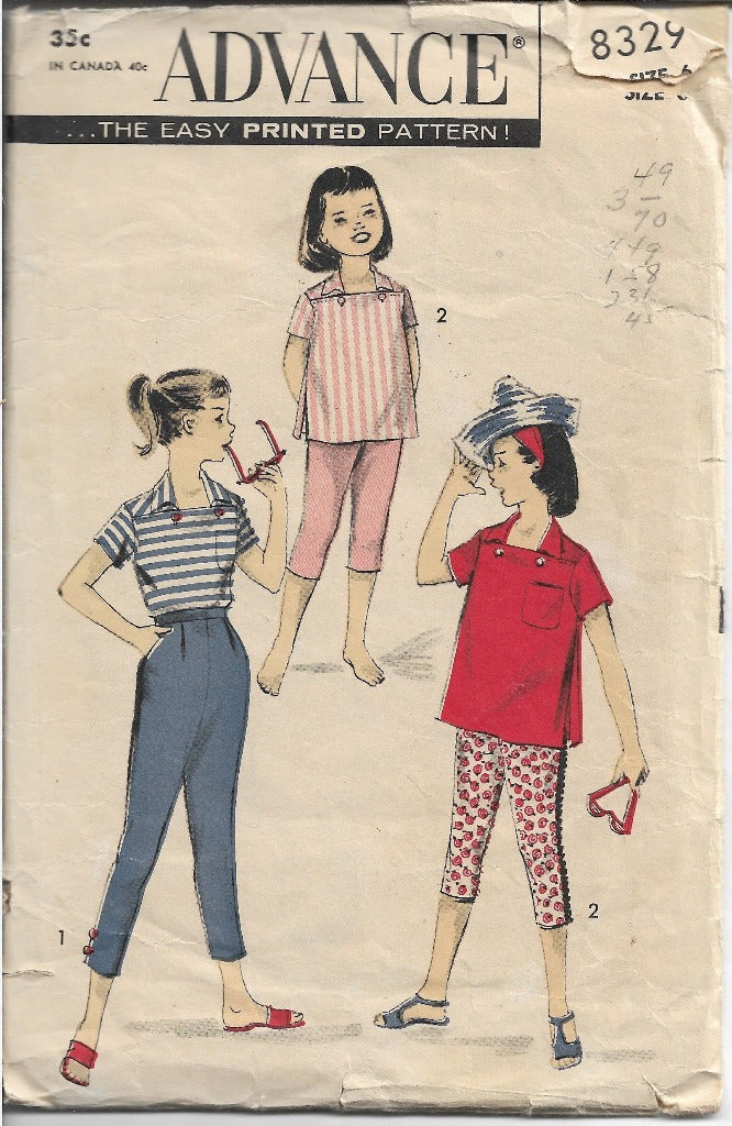 Advance 8329 Girls Pedal Pushers Tapered Pants Shirt Vintage 1960s Sewing Pattern - VintageStitching - Vintage Sewing Patterns