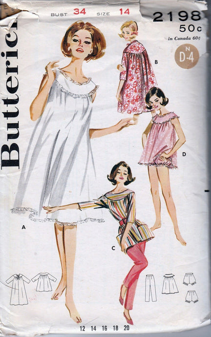 Butterick 2198 Vintage Sewing Pattern 1960's Ladies Lingerie Nightgown Brunch Coat Bloomers - VintageStitching - Vintage Sewing Patterns