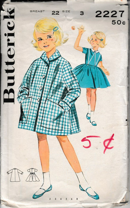 Butterick 2227 Little Girls Swing Coat Full Skirted Dress Vintage 1960's Sewing Pattern - VintageStitching - Vintage Sewing Patterns