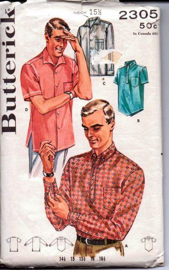 Butterick 2305 Mens Poncho Shirt Long Short Sleeves Vintage Sewing Pattern 1950's - VintageStitching - Vintage Sewing Patterns