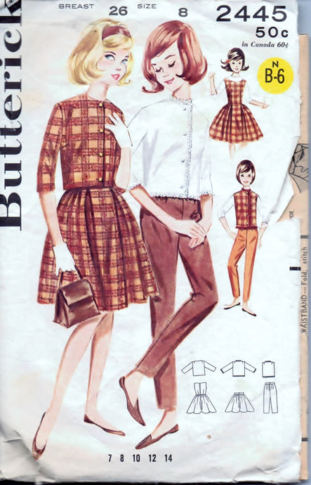 Butterick 2445 GIrls' Wardrobe Jumper Dress Skirt Pants Jacket Vintage 1960's Sewing Pattern - VintageStitching - Vintage Sewing Patterns