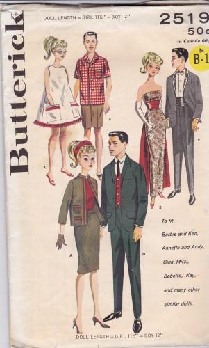 Butterick 2519 Barbie Ken Doll Clothes Skirt Blouse Gown Tuxedo Sewing Pattern Vintage 1960's - VintageStitching - Vintage Sewing Patterns