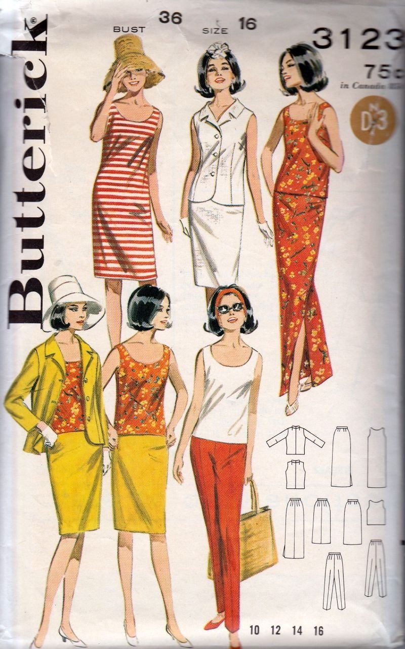 Butterick 3123 Vintage 1960's Sewing Patterns Ladies Jacket Skirt Top Pants  Beachdress