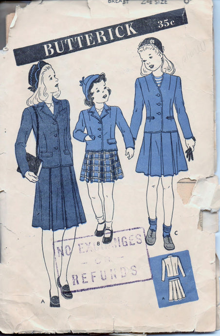 Butterick 3129 Young Girls Tailored Suit Jacket Skirt Vintage 1940's Sewing Pattern - VintageStitching - Vintage Sewing Patterns