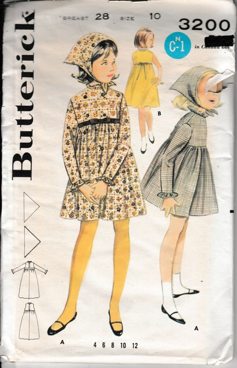 Butterick 3200 Girls Empire Waist Dress Scarf Vintage 1960's Sewing Pattern - VintageStitching - Vintage Sewing Patterns