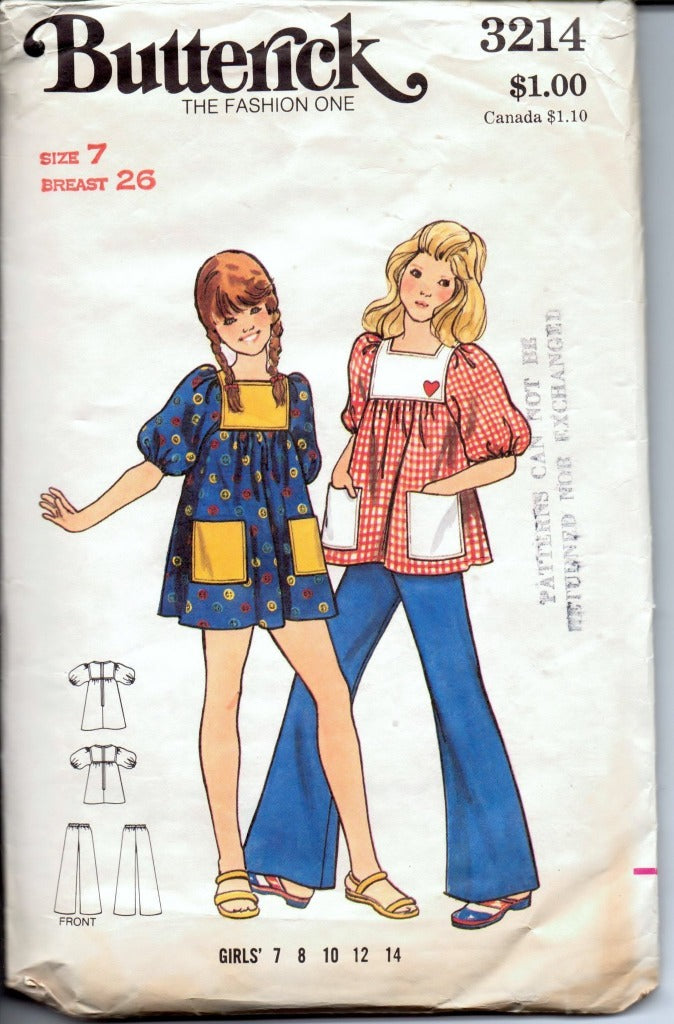 Butterick 3214 Young Girls' Dress Top Pants Vintage 1970's Sewing Pattern - VintageStitching - Vintage Sewing Patterns