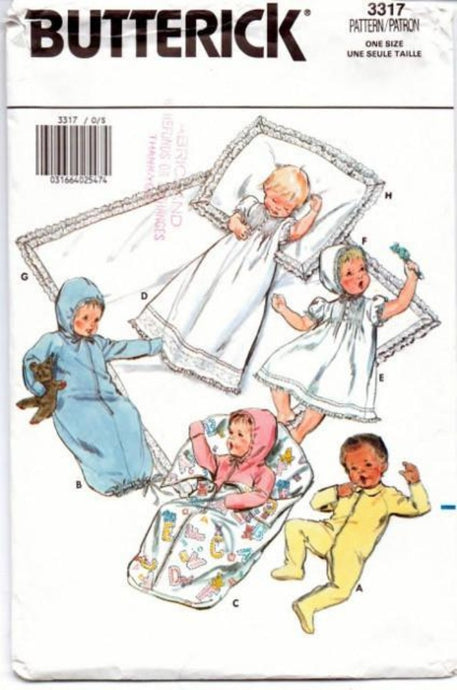 Butterick 3317 Baby Layette Jumpsuit Gown Bunting Dress Bonnet Christening 1980's Pattern - VintageStitching - Vintage Sewing Patterns