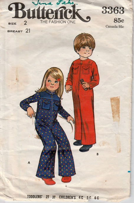 Butterick 3363 Toddlers Jumpsuit Boys Girls Vintage 1970's Sewing Pattern - VintageStitching - Vintage Sewing Patterns