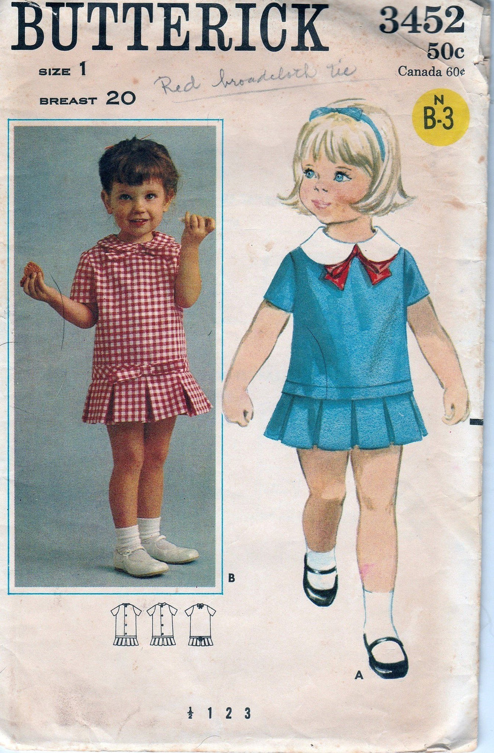 Butterick 3452 Vintage 60's Pattern Little Girls Toddlers One Piece Dress Box Pleats - VintageStitching - Vintage Sewing Patterns