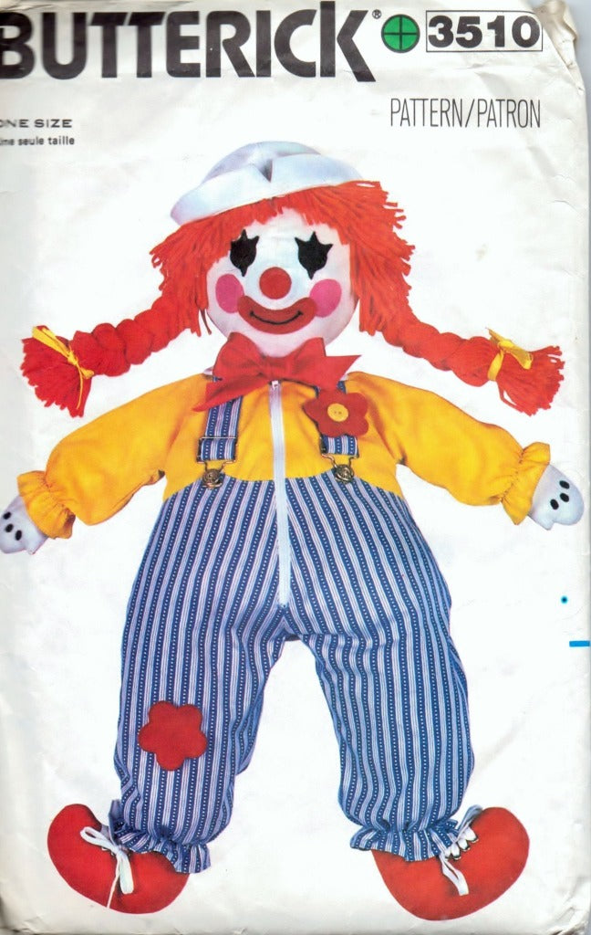 Butterick 3510 Clown Learning Doll Vintage Craft Sewing Pattern 1980's - VintageStitching - Vintage Sewing Patterns