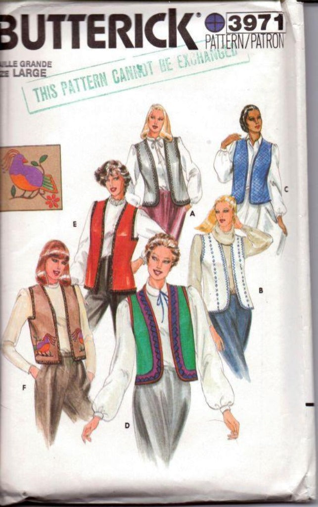 Butterick 3971 Vintage 1980's Sewing Pattern Ladies Vest Round or Square Armholes Size Large - VintageStitching - Vintage Sewing Patterns