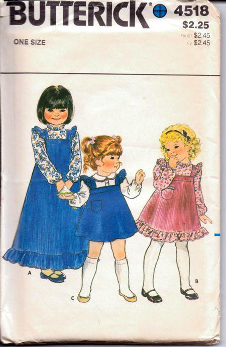 Butterick 4518 Vintage 1980's Sewing Pattern Toddlers' Dress Jumper Ruffle Trim Blouse All Sizes - VintageStitching - Vintage Sewing Patterns