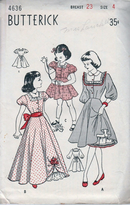 Butterick 4636 Little Girls Dress Gown Petticoat Vintage Sewing Pattern 1940's - VintageStitching - Vintage Sewing Patterns