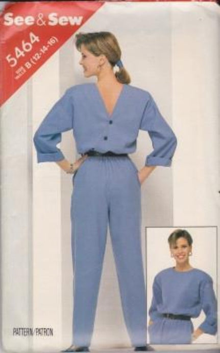 Butterick 5464 See & Sew Misses Loose Fitting Jumpsuit Vintage 1980's Sewing Pattern - VintageStitching - Vintage Sewing Patterns