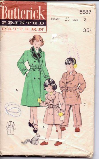 Butterick 5887 Girl Boy Double Breasted Reefer Coat Belted Vintage 1950's Sewing Pattern - VintageStitching - Vintage Sewing Patterns