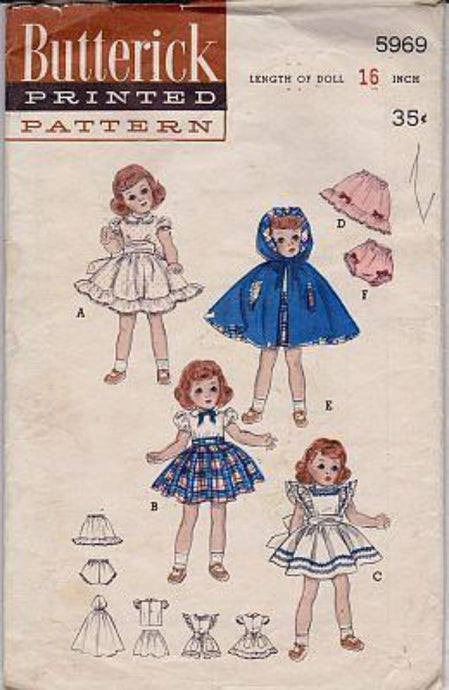 Butterick 5969 Toni Doll Clothes Dress Pinafore Petticoat Cape 16 inch Vintage 50's Sewing Pattern - VintageStitching - Vintage Sewing Patterns