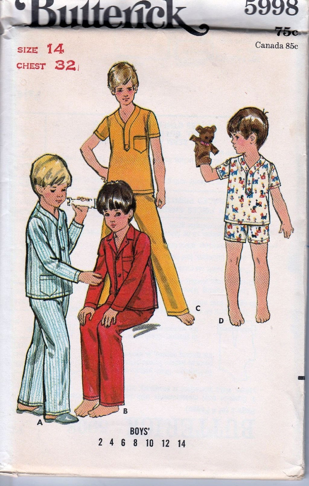 Butterick 5998 Vintage 1970's Sewing Pattern Boys Pajamas Two Piece - VintageStitching - Vintage Sewing Patterns