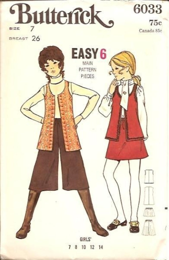 Butterick 6033 Vintage 70's Sewing Pattern Girls Vest Skirt Shortie Knickers Pants - VintageStitching - Vintage Sewing Patterns