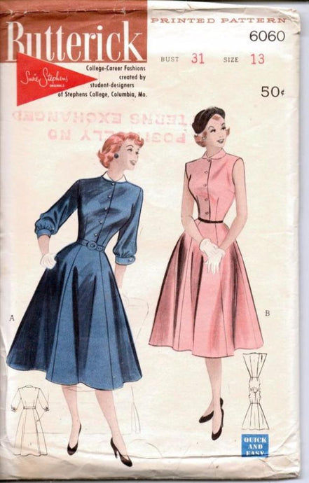 Butterick 6060 Vintage 1950's Sewing Pattern Ladies Junior Dress Charming Bell Skirt - VintageStitching - Vintage Sewing Patterns