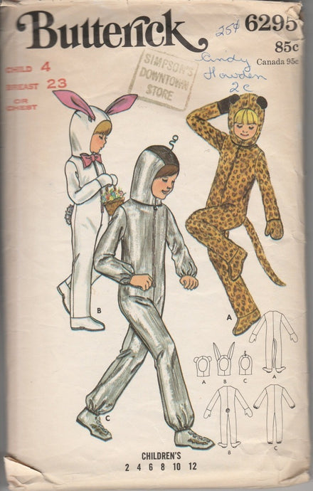 Butterick 6295 Childrens Leopard Bunny Spaceman Vintage 1970's Sewing Pattern Boys Girls - VintageStitching - Vintage Sewing Patterns