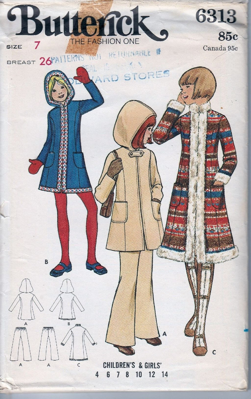 Butterick 6313 Vintage 1970's Sewing Pattern Girls Hooded Coat Flared Pants - VintageStitching - Vintage Sewing Patterns