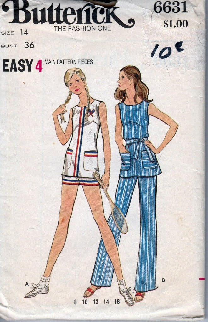 Butterick 6631 Ladies Tennis Outfit Tunic Shorts Pants Vintage Pattern 1970's - VintageStitching - Vintage Sewing Patterns