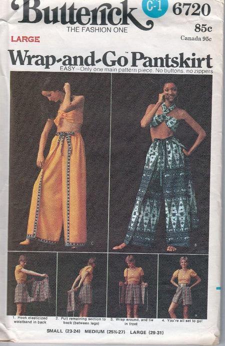 Butterick 6720 Vintage 1970's Sewing Pattern Ladies Wrap Pantskirt Flared Pans Top Scarf - VintageStitching - Vintage Sewing Patterns