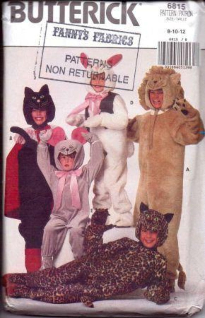 Butterick 6815 Boy Girl Rabbit Mouse Cat Lion Halloween Costume Pattern Vintage - VintageStitching - Vintage Sewing Patterns