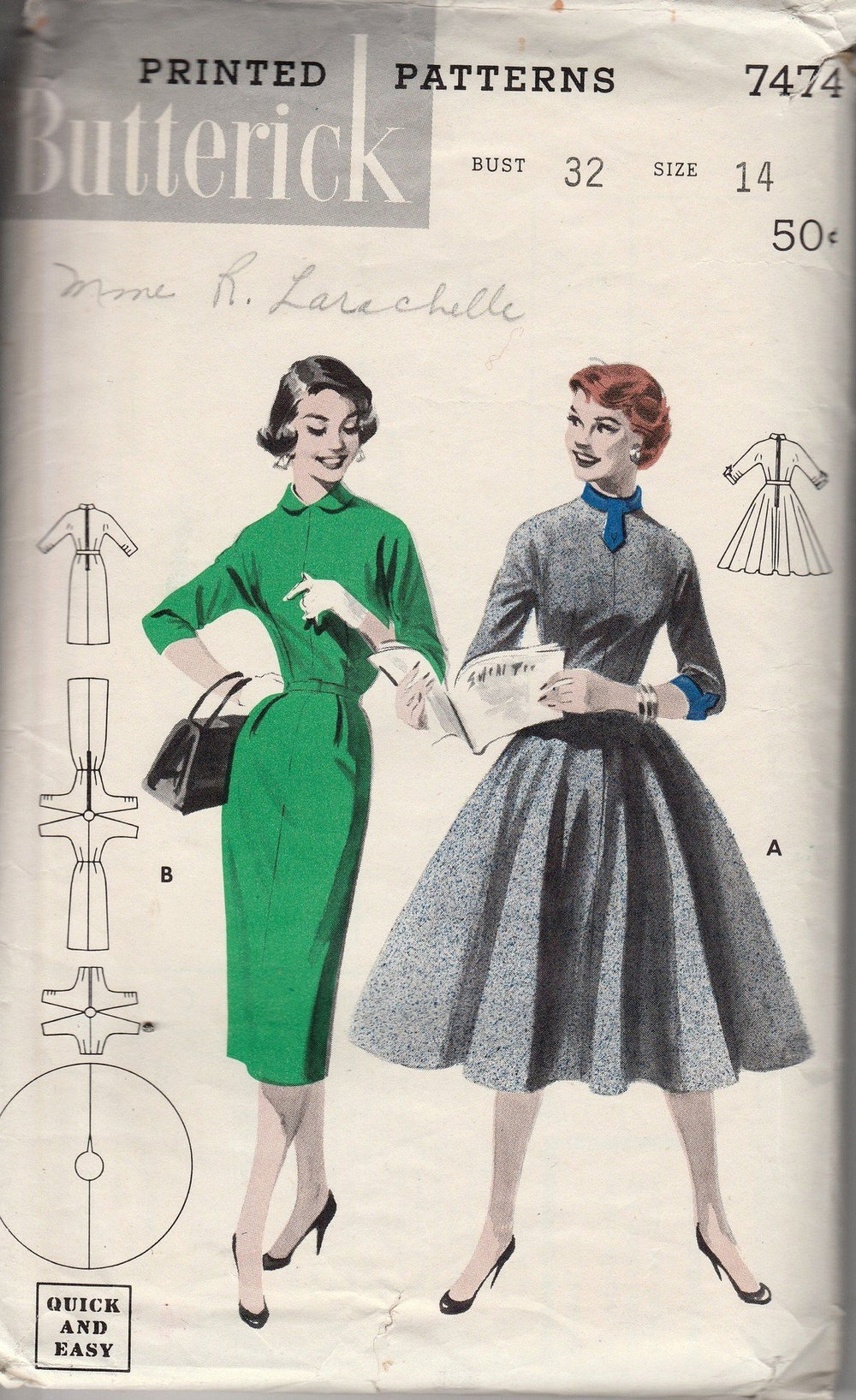 Butterick 7474 Ladies Dress Vintage 1940's Sewing Pattern Quick N' Easy - VintageStitching - Vintage Sewing Patterns