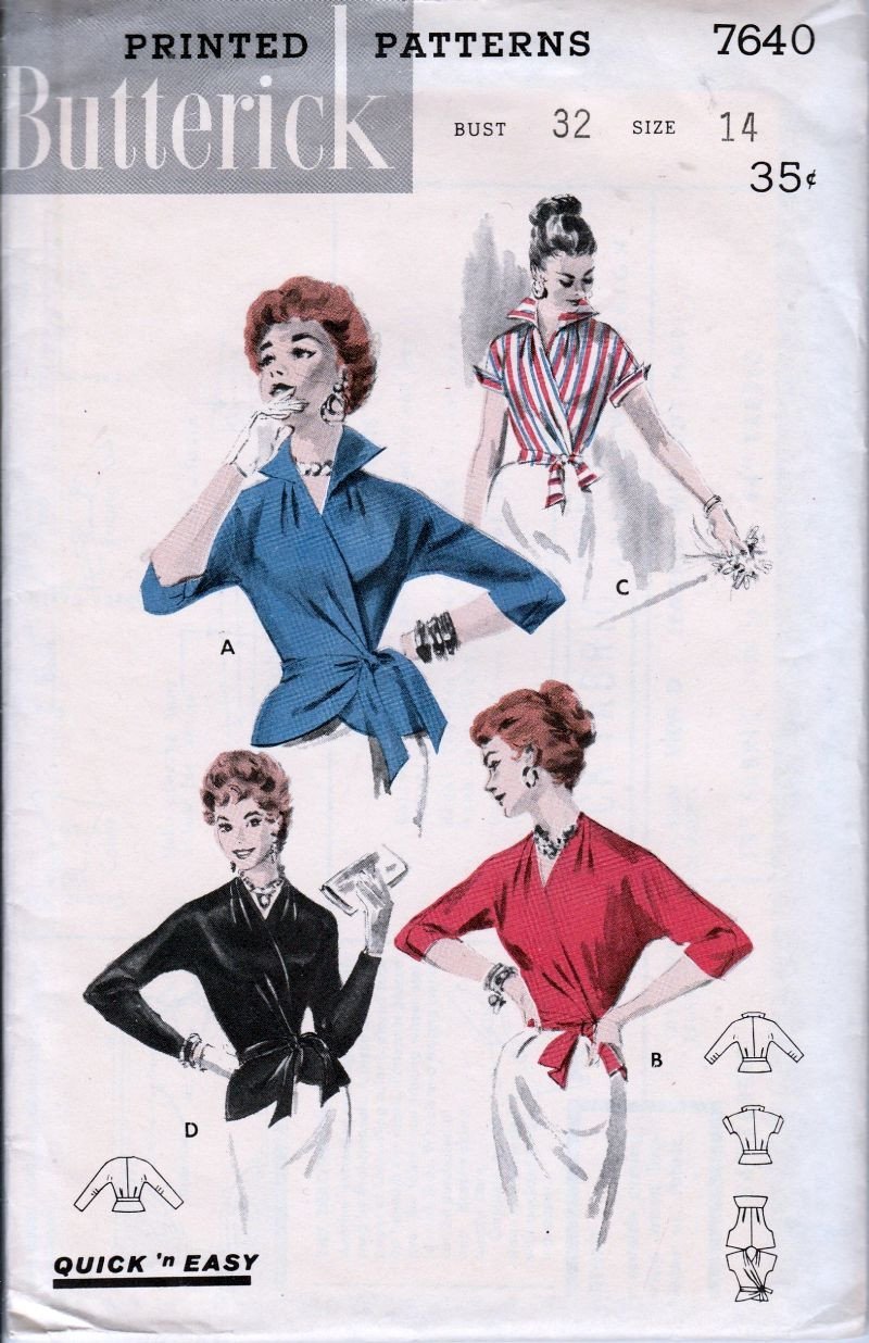 Butterick 7640 Vintage 1950's Sewing Pattern Ladies Stylish Wrap Blouse Wing Collar - VintageStitching - Vintage Sewing Patterns