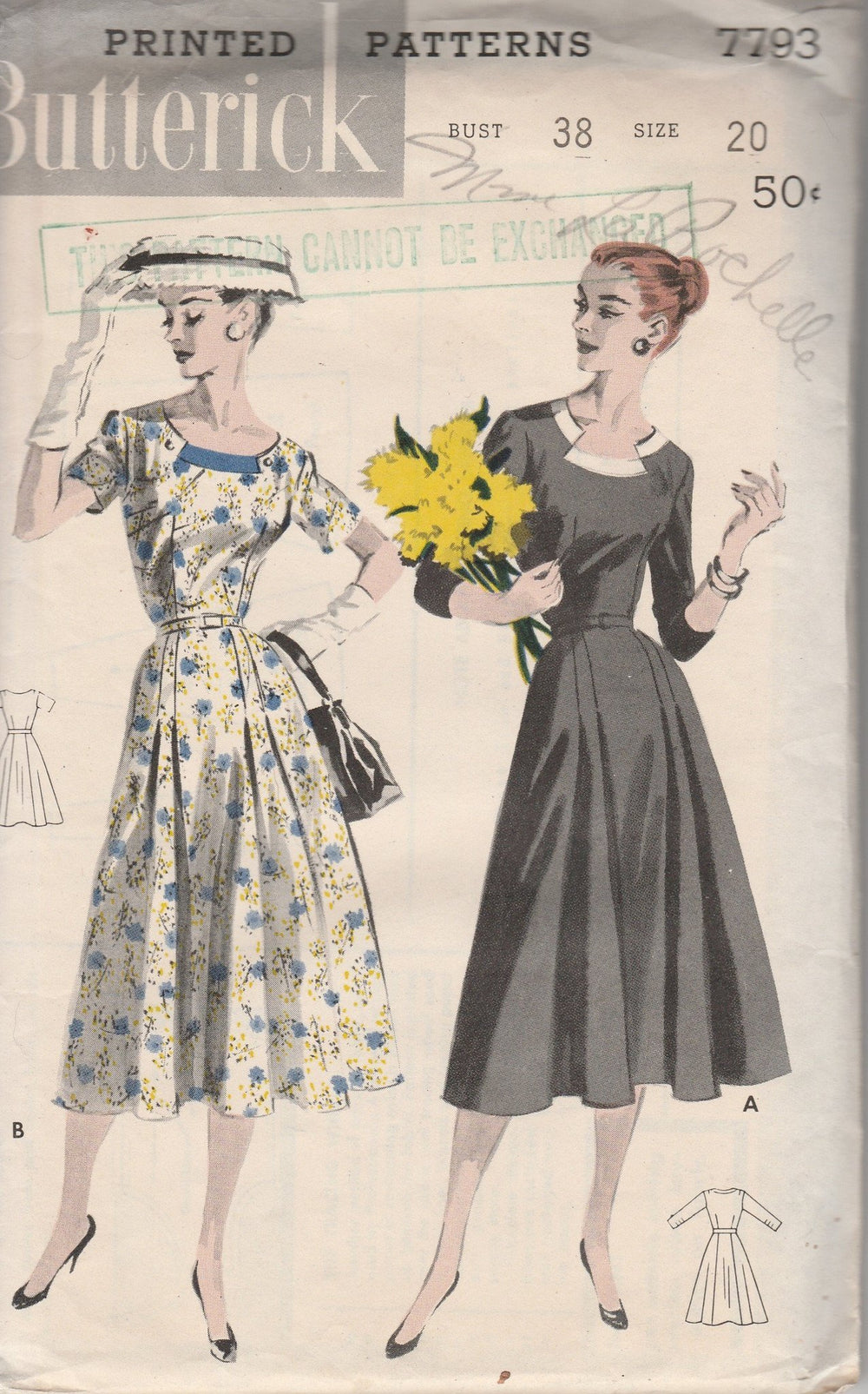 Butterick 7793 Ladies Dress Scooped Keyhole Neckline Vintage 1950's Sewing Pattern - VintageStitching - Vintage Sewing Patterns