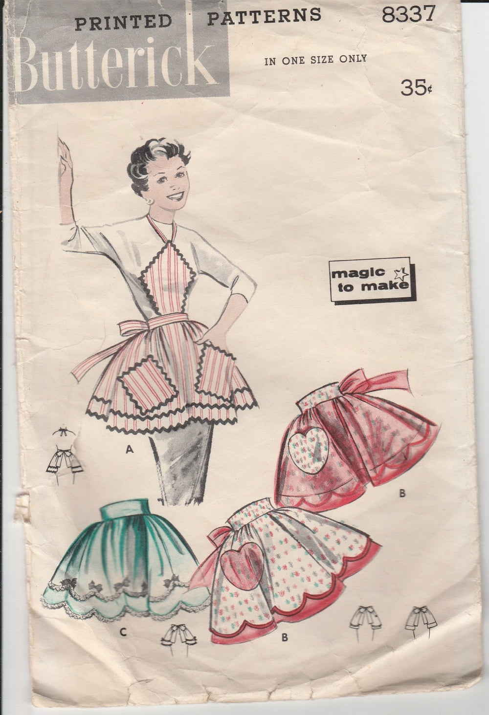 Butterick 8337 Ladies Apron Vintage Sewing Pattern 1950's Bib Reversible - VintageStitching - Vintage Sewing Patterns