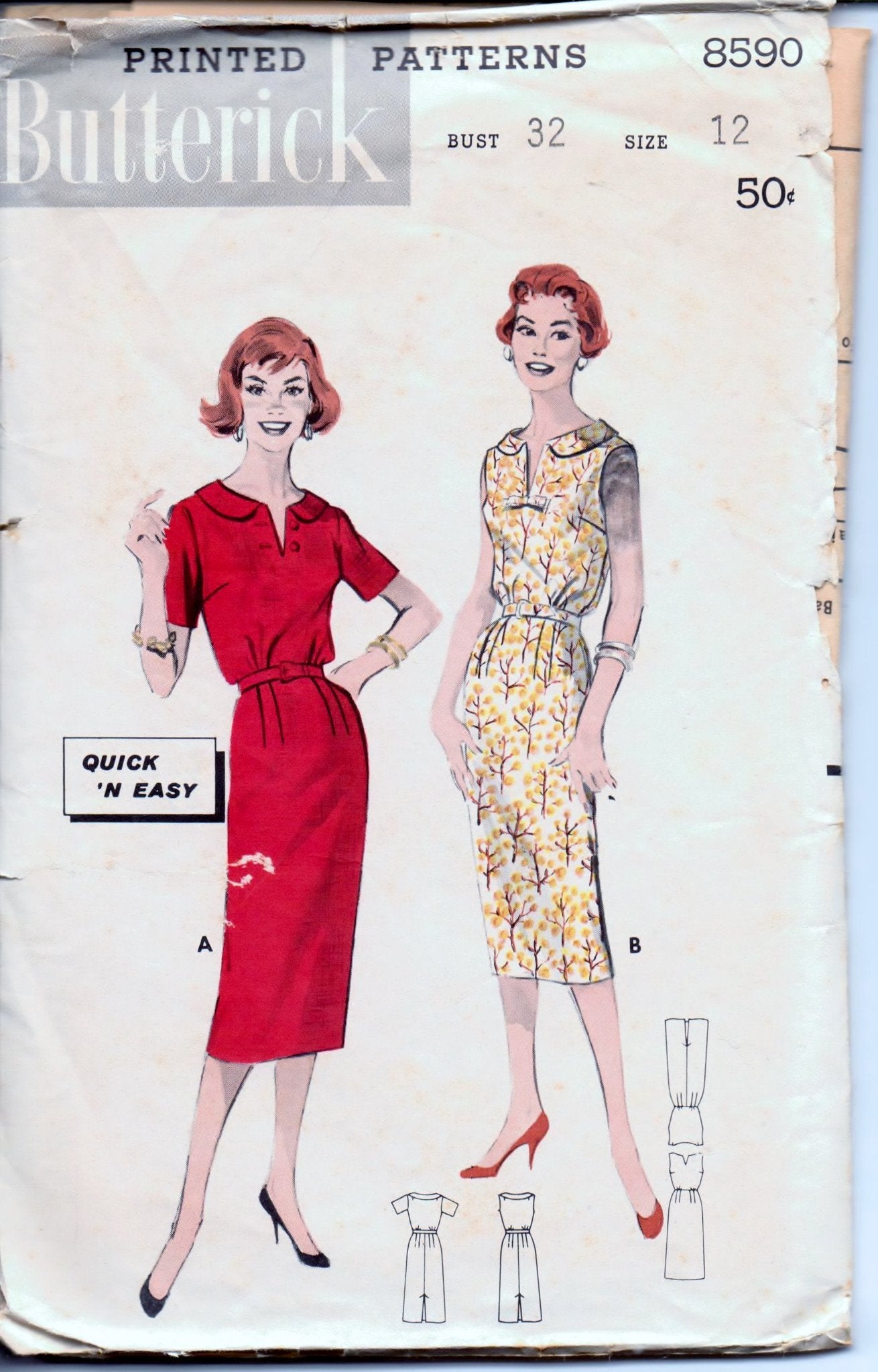 Butterick 8590 Ladies Bloused Dress Vintage 1950's Sewing Pattern