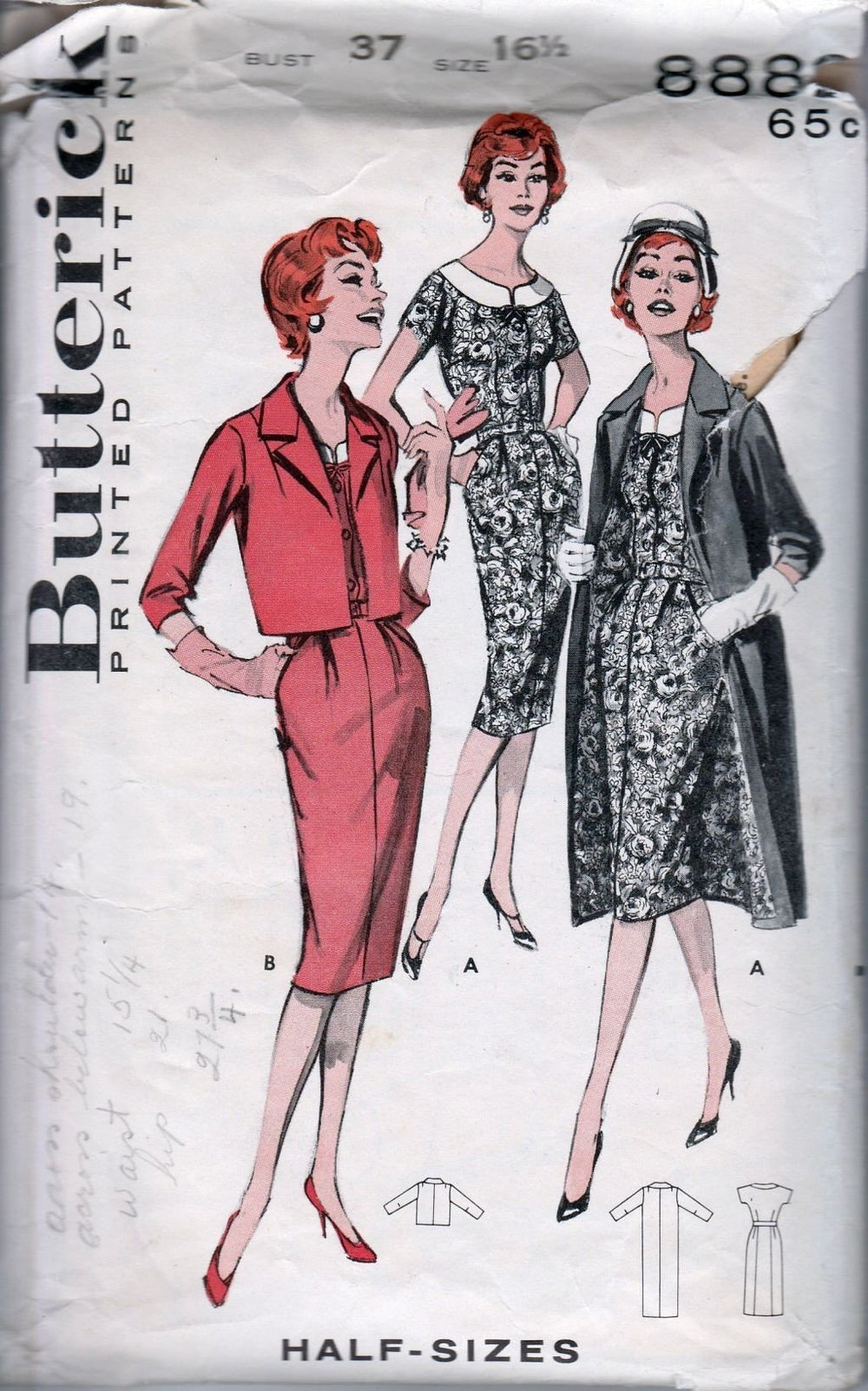 Butterick 8882 Vintage 1950's Sewing Pattern Ladies Sheath Dress Jacket Coat - VintageStitching - Vintage Sewing Patterns